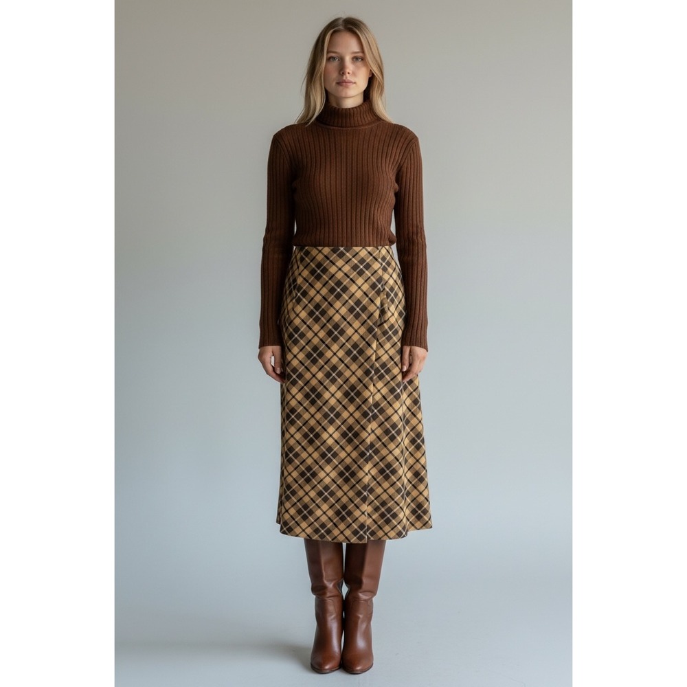 Vintage Arvo Paris Tan Brown Plaid Bias Cut Midi Skirt Size 10 70's Preppy